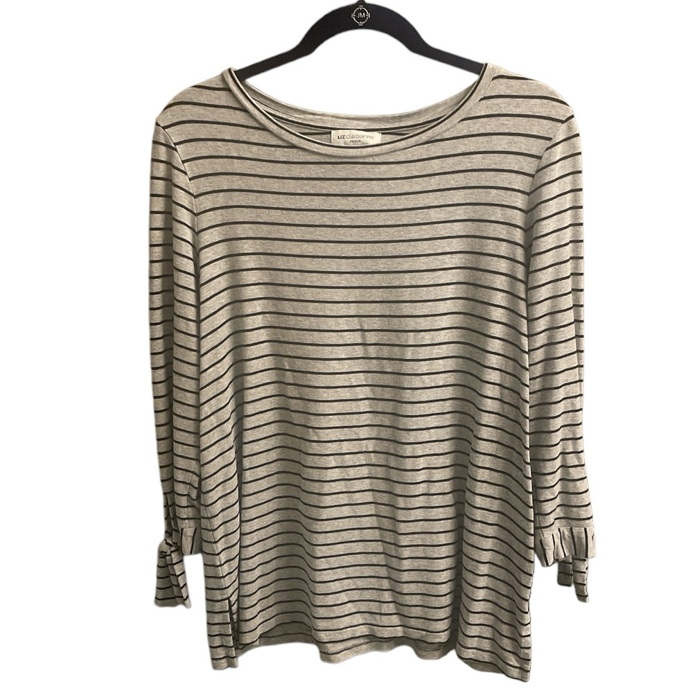 Liz Claiborne Petite Grey Black Striped Long Sleeve Tie Cuff Top PL